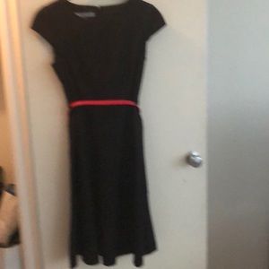 Anne Klein black a line cap sleeve dress red belt